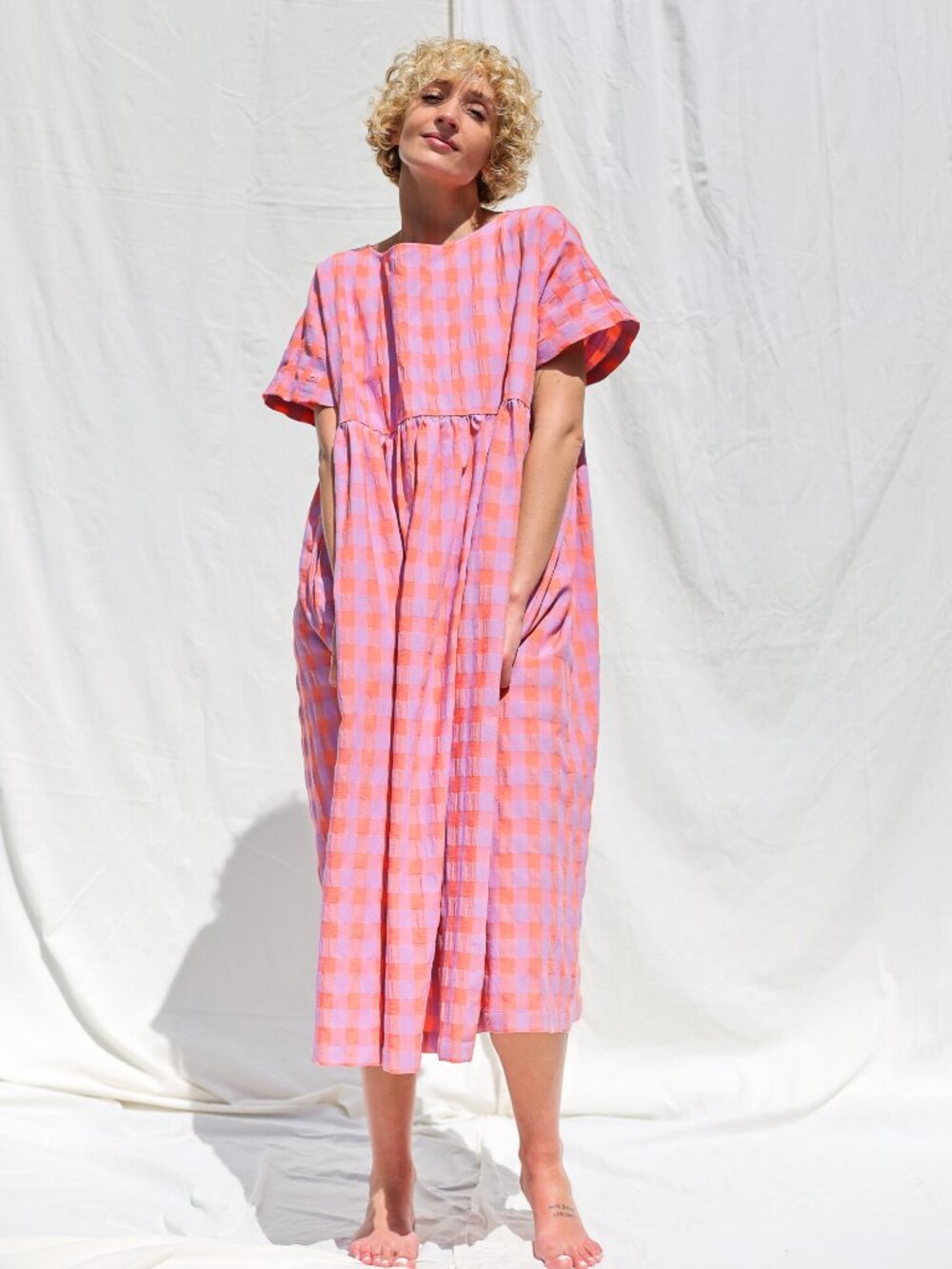 Oversized seersucker checks dress SILVINA fuchsia orange OffOn Clothing XXL